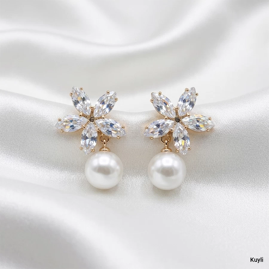 Crystal Flower Pearl Drop Stud