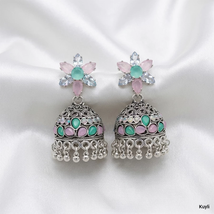 Pastel Floral Oxidized Silver Jhumka