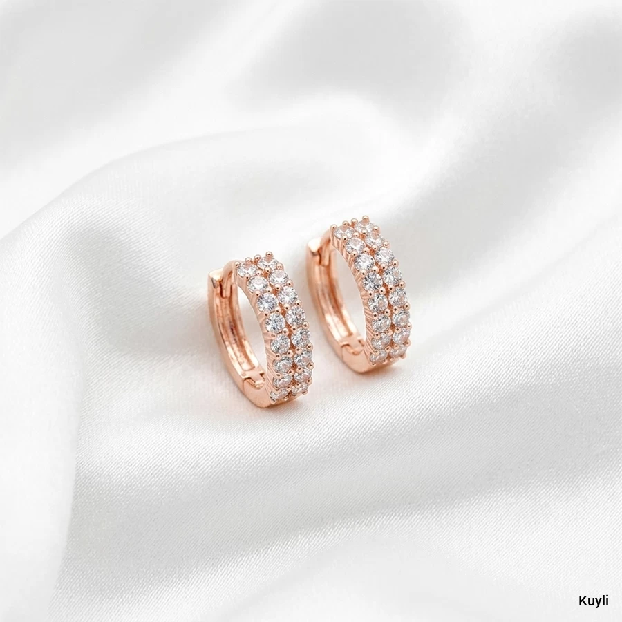 Rose Gold Triple Row Pave Huggie Hoop