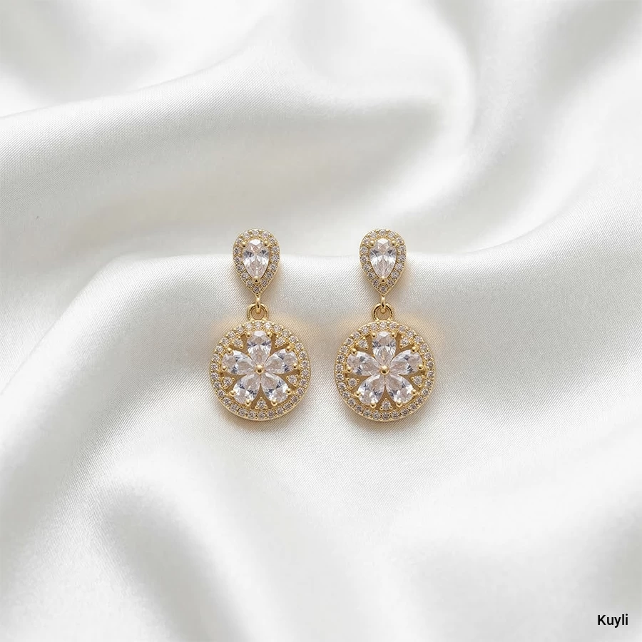 Round Floral Crystal Drop Earring