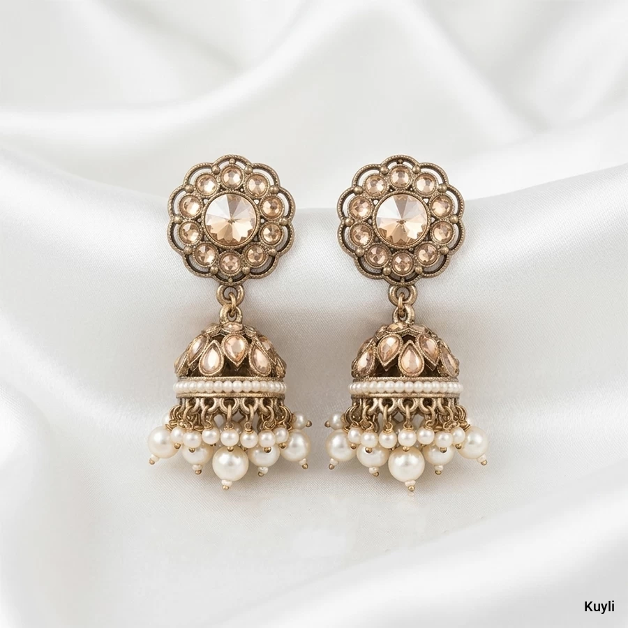 Antique Gold-Finish Floral Crystal Pearl Jhumka