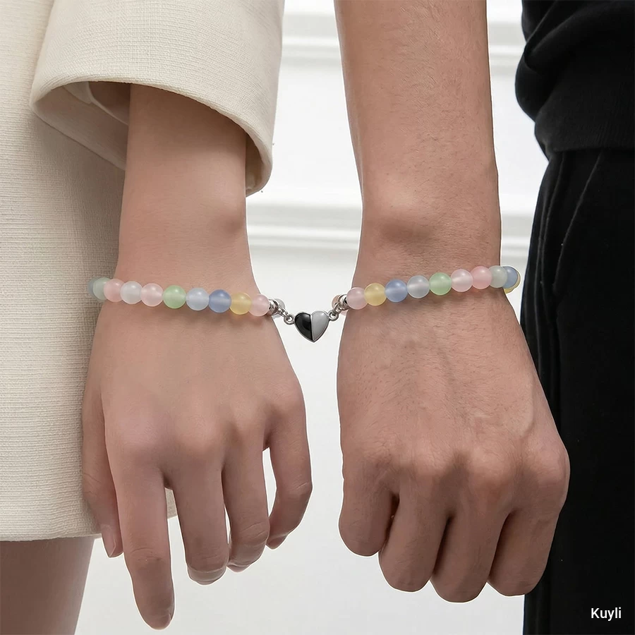 Pastel Beaded Magnetic Heart Friendship Bracelets [ 1 set ( 2 Bracelets) ]
