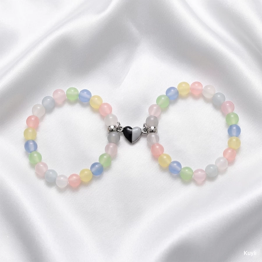 Pastel Beaded Magnetic Heart Friendship Bracelets [ 1 set ( 2 Bracelets) ]
